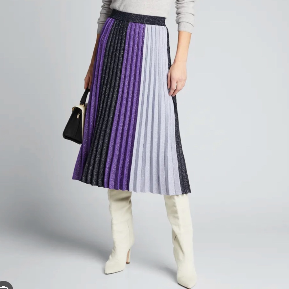 Crosby Derek Lam Colorblock Pleated Women Metallic Midi Skirt Purple XS Preppy